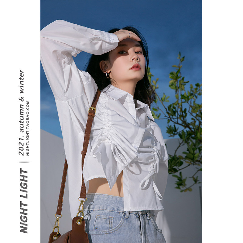 Luminous ins pure desire to draw rope design Sensation Shirt Woman 2021 Fall new retro Casual Minus Age 100 Hitch Blouse