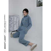 Jeans Conjoined Pants Woman 2021 Spring new retro 90% wide-legged Pants Loose Lace High Waisted Blue Workwear Pants