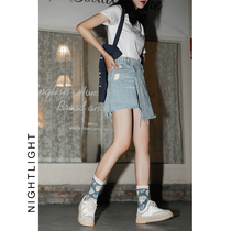 Luminous high-waisted one-piece denim skirt skirt spring new irregular flash A word thin and versatile short skirt