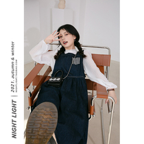 Luminous Ins retro Lattice Splicing Braces Skirt Woman Slimmer A-word Dress 2021 Fall New Denim Dress