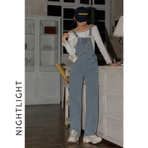 Denim bib pants womens 2021 Korean version loose tooling straight tube student small man high waist thin wide leg trousers tide