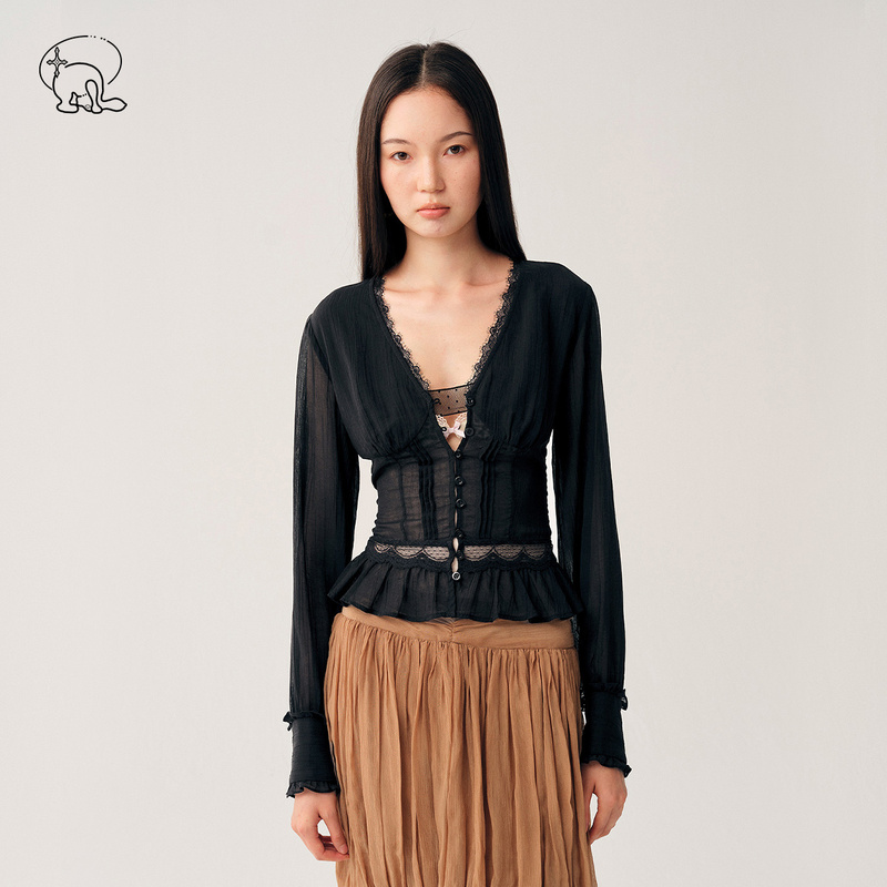 Dotyears Original Design Black Lace Long-Sleeved Shirt for Women, Autumn and Winter Elegant and Exquisite Outerwear Waist-Cinching Top