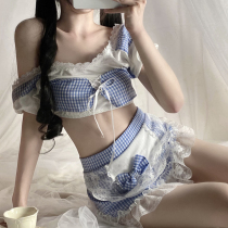 Blue Plaid Fresh Maid Dress Split Sexy Eroy Lingerie Maid Strap Apron Hair Hoop Uniform Temptation