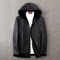 Winter imported fur one-piece medium-long fur thickened mens business casual hooded leather leather jacket