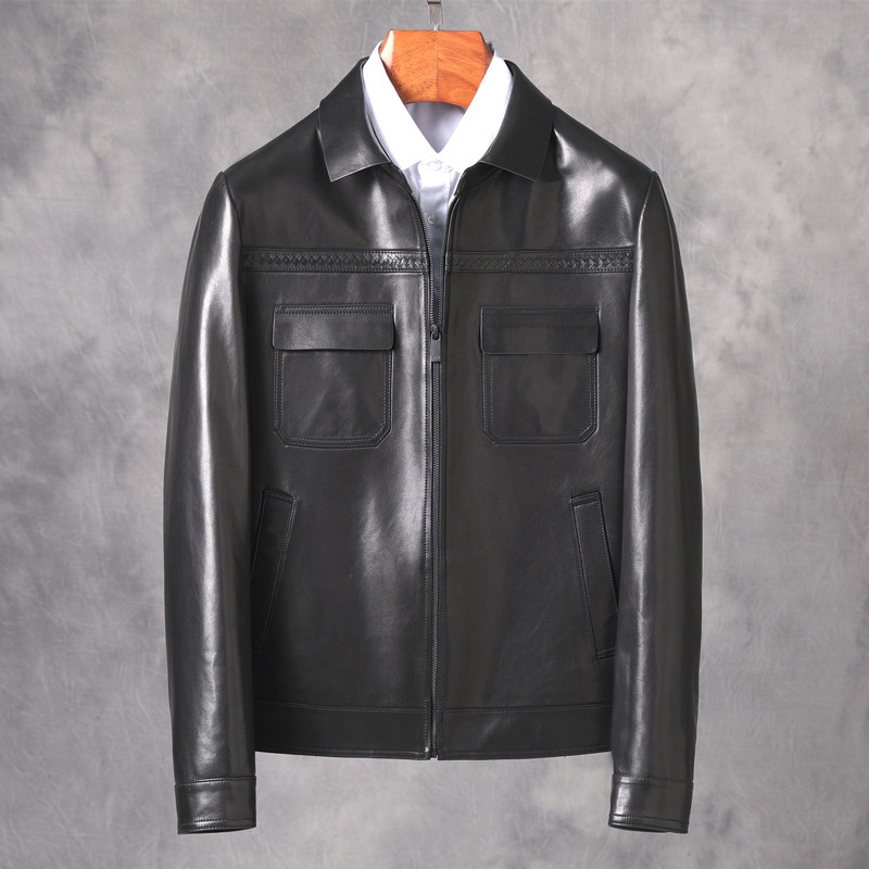BV Woven Turkish imported goatskin leather men's lapel Casual fashion leather jacket slim jacket