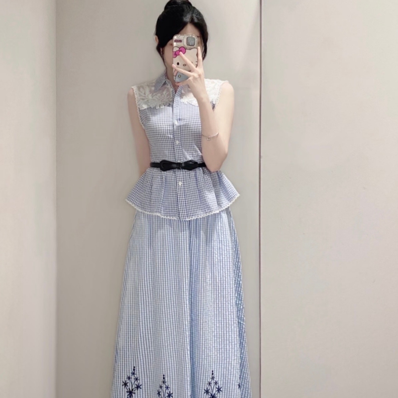 2026 Model Elegant Lace Patchwork Plaid Sleeveless Shirt for Women with Waist Tie Versatile Top 8741079