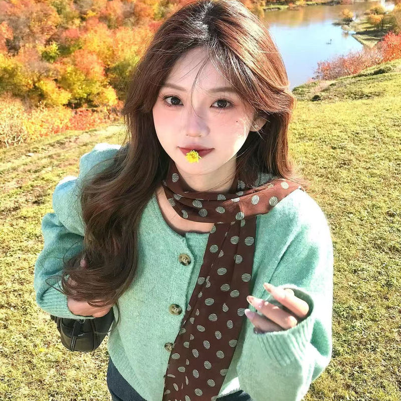 Green Retro Soft Knit Sweater Jacket for Women, Autumn Korean Style, Lazy Style, Loose Round Neck Cardigan Top