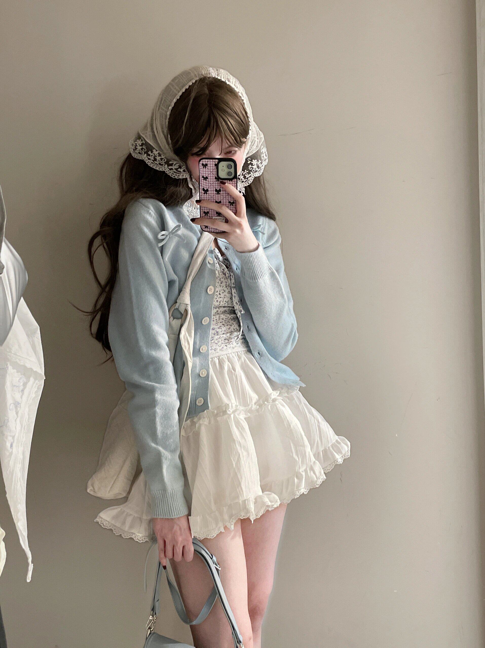 Ballet-style knitted cardigan, new autumn women's clothing, sweet Korean style soft and cozy top, blue sweater coat.