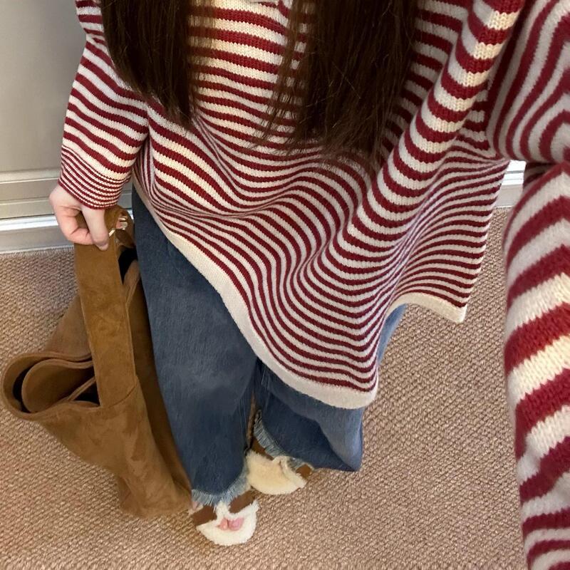 Lazy Style Red Striped Color-Block Knit Top, Loose Sweater for Women, Autumn and Winter 2025 New Hot Style Lazy Style Red Striped Color-Block Knit Top, Loose Sweater for Women, Autumn and Winter 2025 New Hot Style