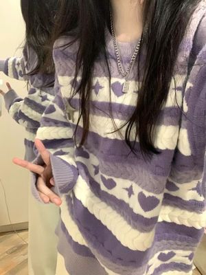 taobao agent Purple winter sexy sweater, retro knitted jacket, round collar