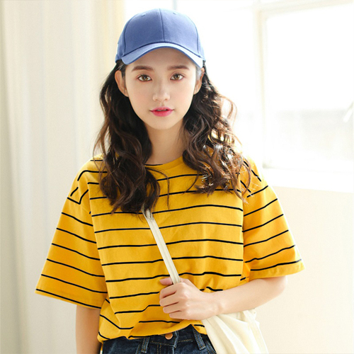 New loose short-sleeved T-shirt jacket for female students with stripes retro Hong Kong flavor 180 g double mill