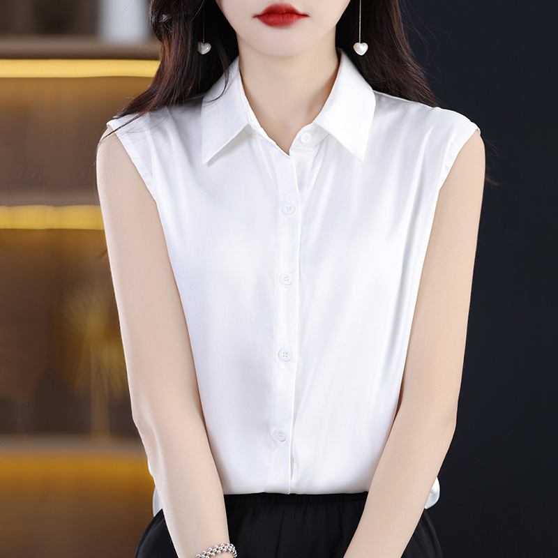 Commuter Style Polo Collar Sleeveless Shirt for Women, Summer Vest Layered with Inner Top, White Professional Base Layer Versatile Shirt