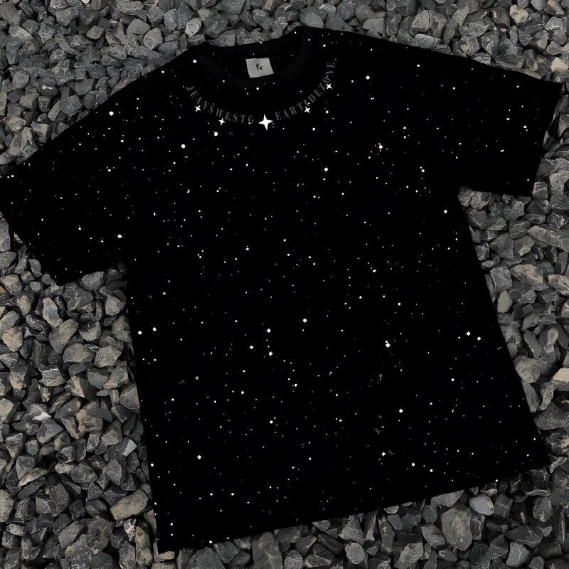 2026 Summer New American Style Trendy Brand Personalized Print Starry Sequin Pure Cotton Short-Sleeve T-Shirt for Men Black Top