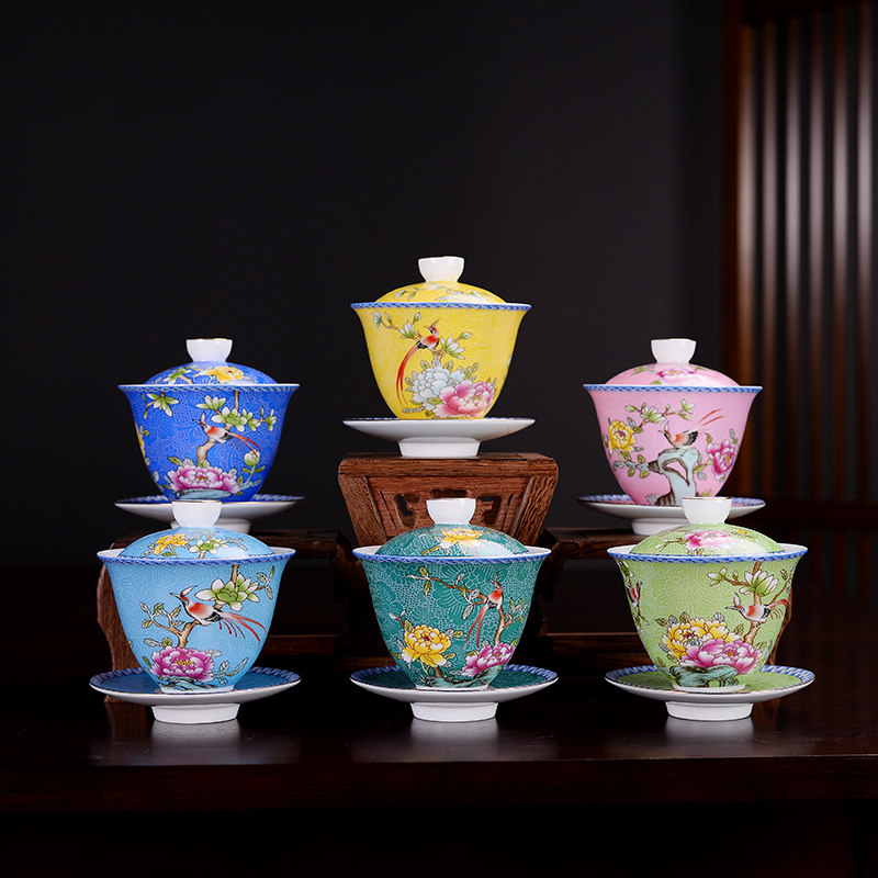 Jingdezhen enamel color ceramic tea bowl tea set set large three-cai tea bowl Household anti-hot Kung Fu tea set