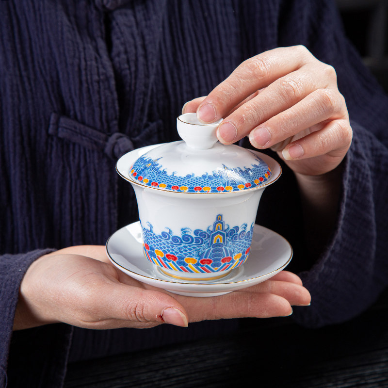 Dehua Blue Palace Tinted Wind Cover Bowl Tea Bowl Kung Fu Tea Bowl White Porcelain Yellow Triple toast Tea Tea Bowl ink Ink Ceramics