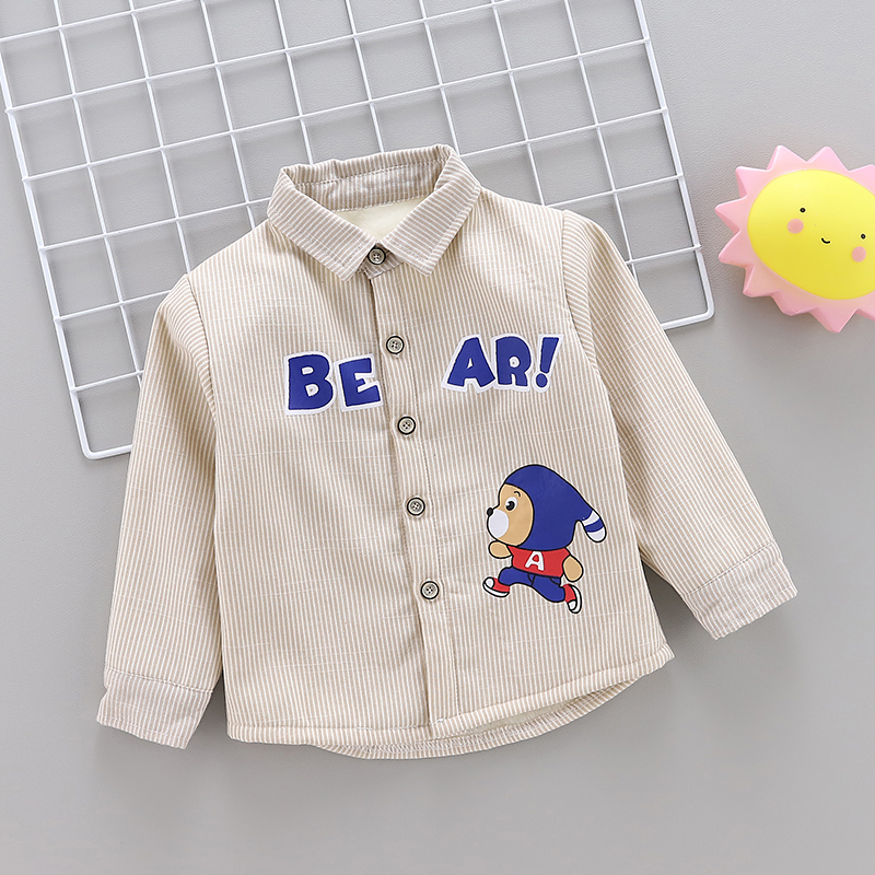 Quần áo mùa thu cho bé trai 1-3 tuổi cộng với áo nhung cho bé áo ấm quần áo dày tay dài chạm đáy áo cotton thủy triều áo sơ mi bé trai 10 tuổi