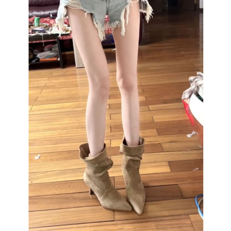 2026 New Mid-Calf Riding Boots for Women, Spring and Autumn Thin Style, Stiletto Pointed Toe Short Boots, Slimming High-Heeled Martin Boots, Slouch Boots