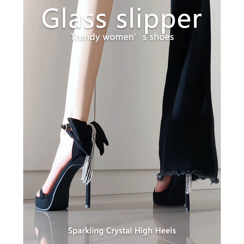 2026 New Open-Toe Suede Rhinestone Bow Strap Platform Sandals Sexy Hollow Stiletto High Heels