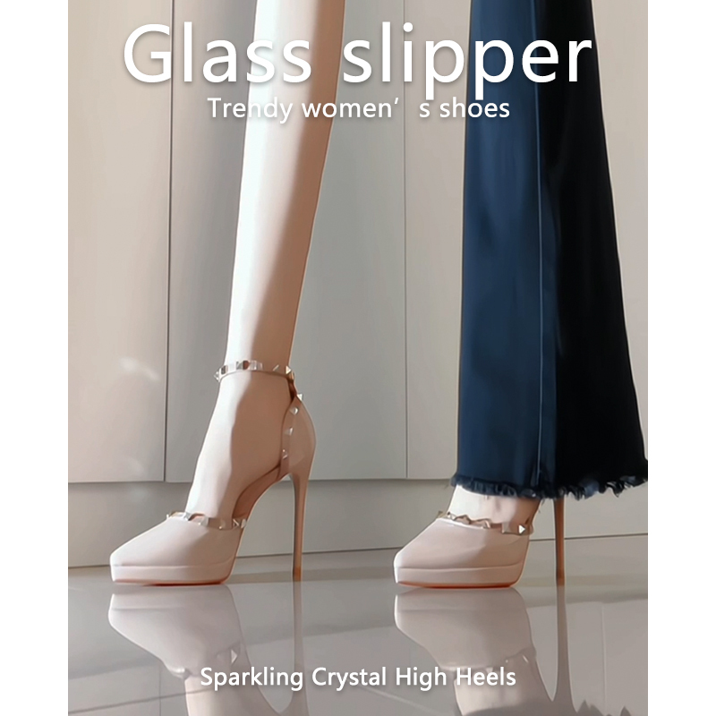 Waterproof Pointed-Toe Studded High Heels for Women 2026 Spring and Autumn New Nude Color Stiletto Ankle Strap Sexy Stunning Sandals