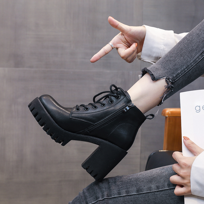 Commuting Style Short Boots for Women in Autumn and Winter, Thick Heel, Medium-High Heel, Women's Shoes, Pu Leather, Round Toe, Waterproof Platform, Lace-Up Leather Boots, Martin Boots