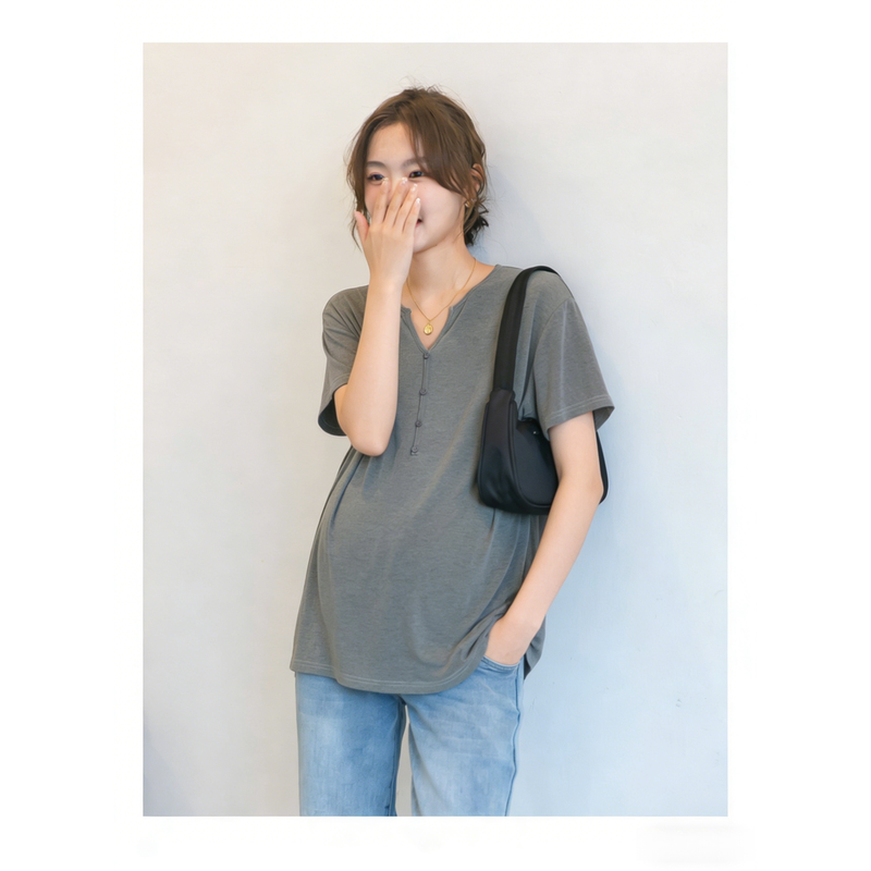 Maternity Wear Combed Cotton V-Neck T-Shirt Base Layer 2026 New Summer Short-Sleeved Gray Versatile Long-Sleeved Top