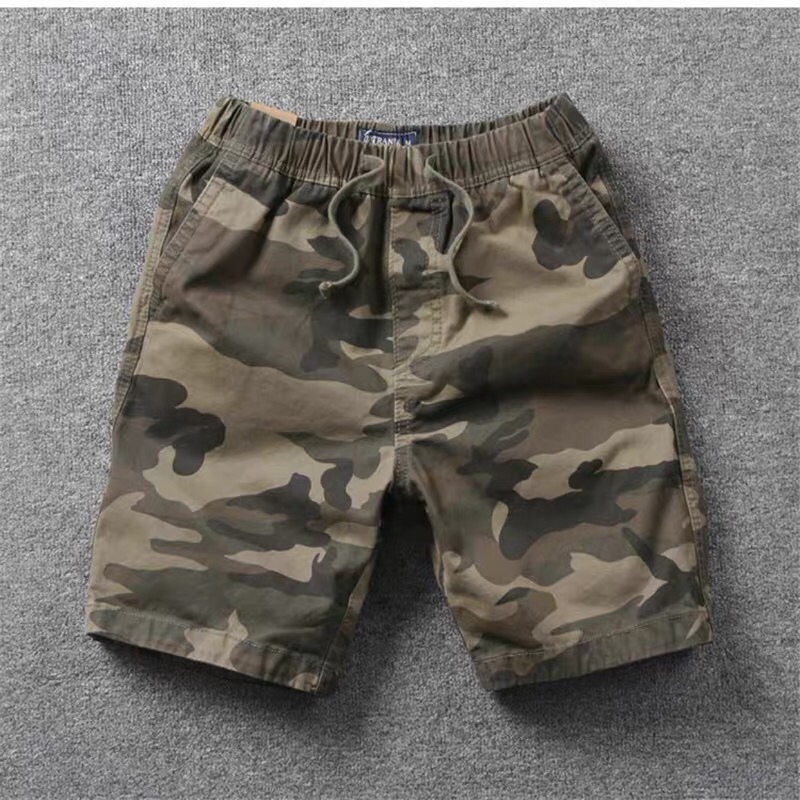 American Classic Men's Sports Outdoor Casual Jogging Shorts Pure Cotton Loose Camouflage Quarter-Length Shorts with Drawstring
