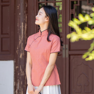 Yuxiang [Reunion 1] Original artistic and retro cotton checkered short, youthful and everyday cheongsam top from the Republic of China era