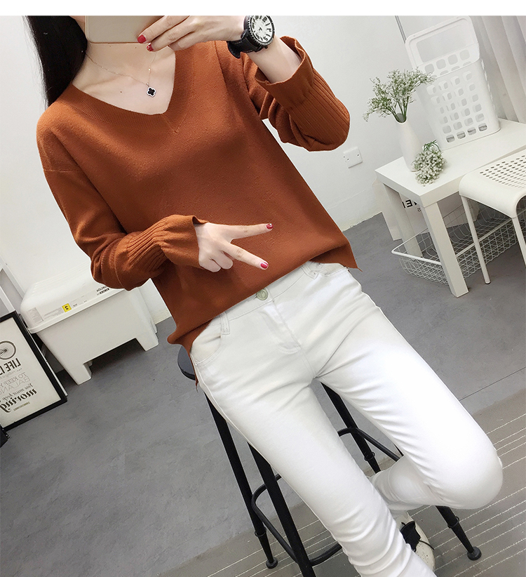 2018 thời trang mới hoang dã cổ chữ V xù lông dài tay đan đáy áo ngắn đoạn áo len nữ áo len nữ đẹp