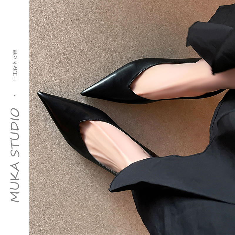 【Muka】Minimalist French-Style Pointed Toe Kitten Heel Shoes for Women 2025 New Genuine Leather Black Work High Heels for Women