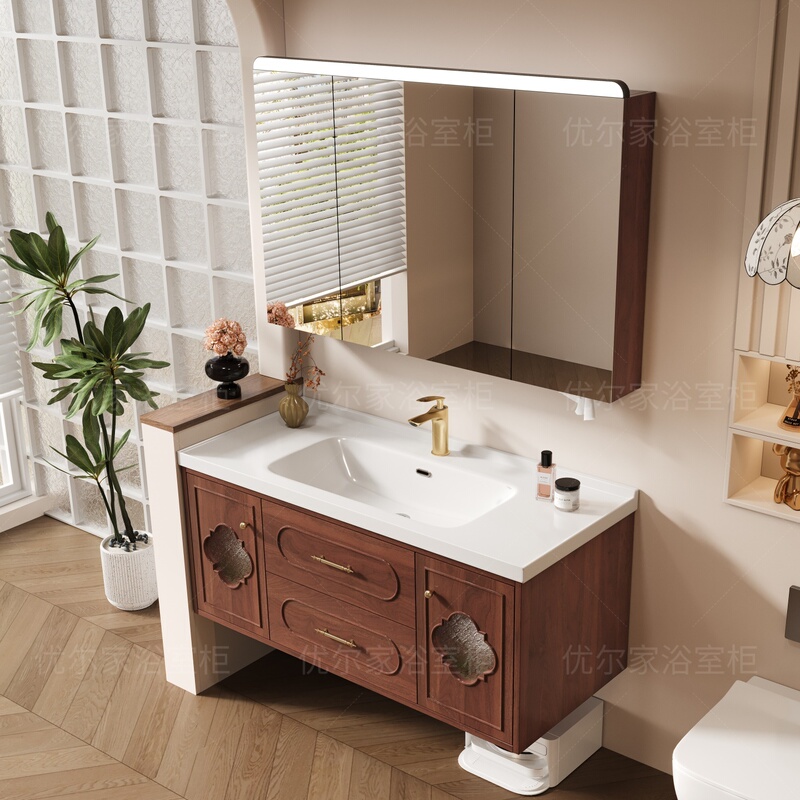 New Chinese-Style Walnut-Colored Solid Oak and Ceramic Integrated Basin with a High-End Feel, Smart Multi-Functional Mirror Cabinet and Bathroom Cabinet Set