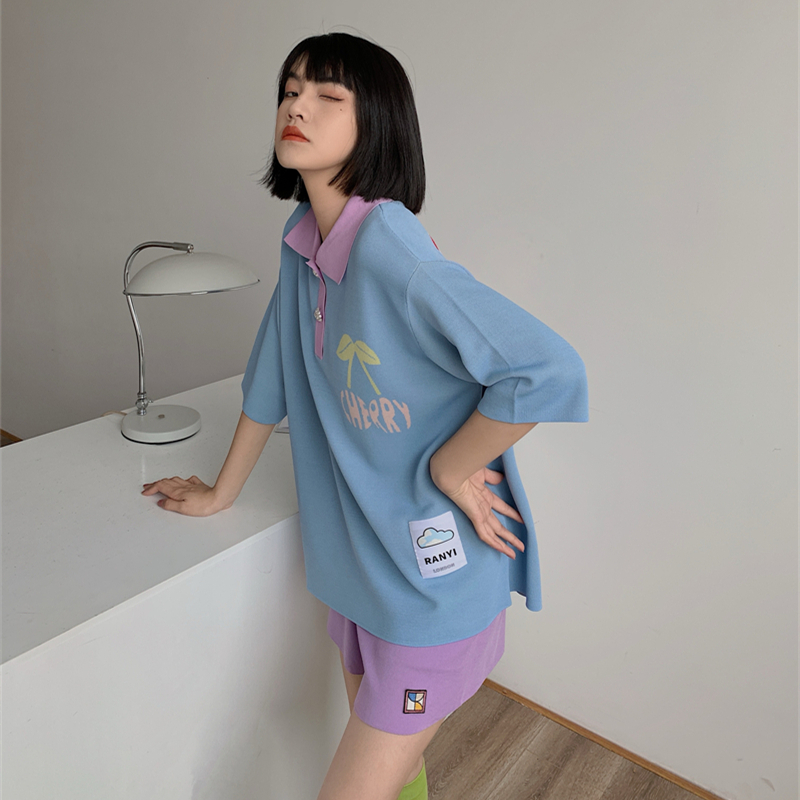 RANYI LONDON designer brand Cherry knitted diamond buckle polo shirt women loose short sleeve t-shirt women Summer