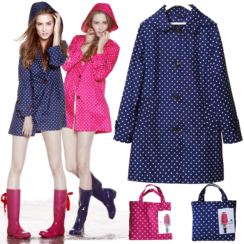 Japanese Luxury Brand on Sale in Autumn and Winter, Polka Dot Fashion Trench Coat for Women with Hood, Adult Women's Hiking Raincoat