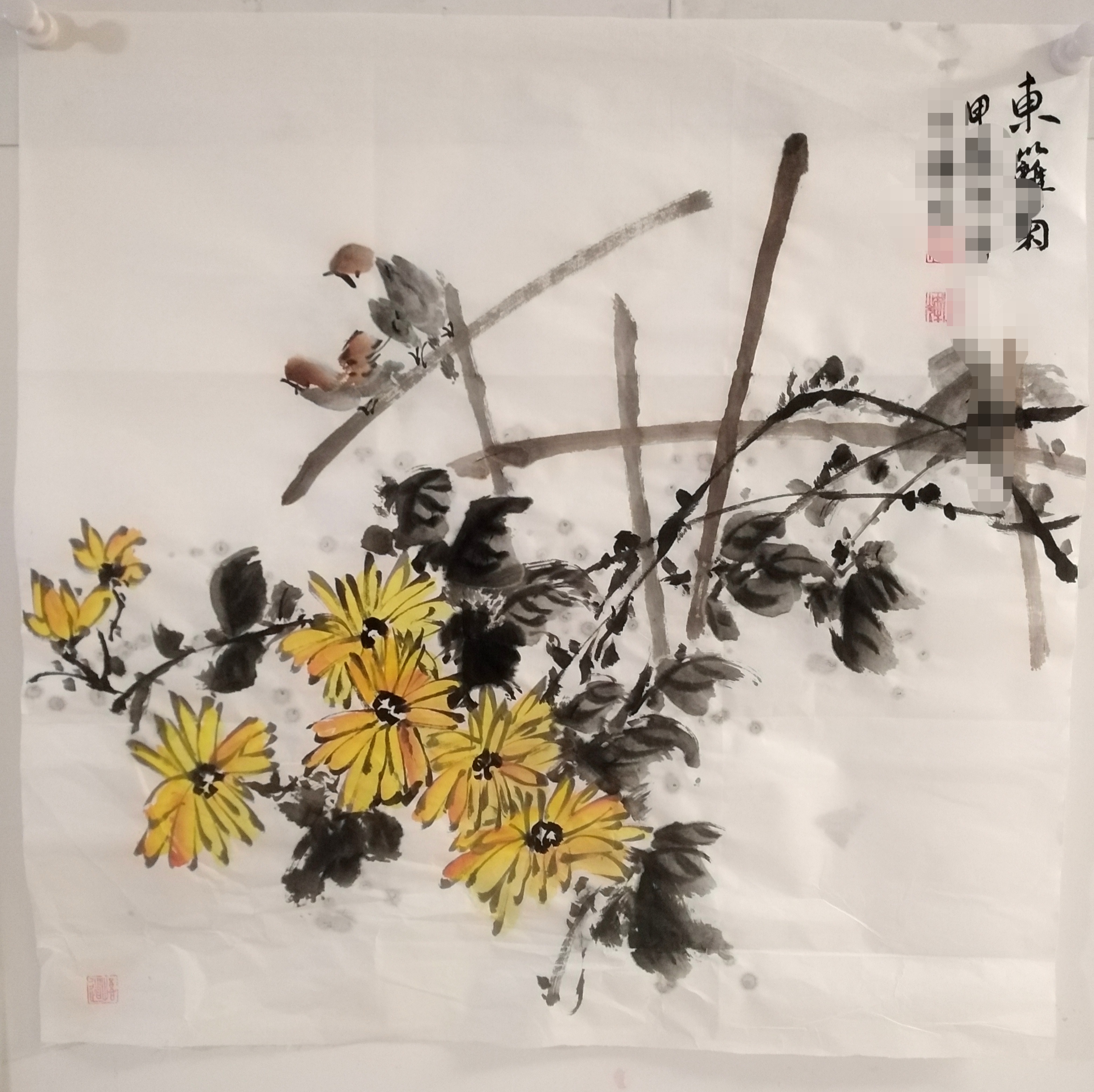 中国古美術・純手描き花卉図三尺画芯・水墨彩色画・呉昌碩印款・書道品・宣紙・带水印 中国古美術・純手描き花卉図三尺画芯・水墨彩色画・呉昌碩印款