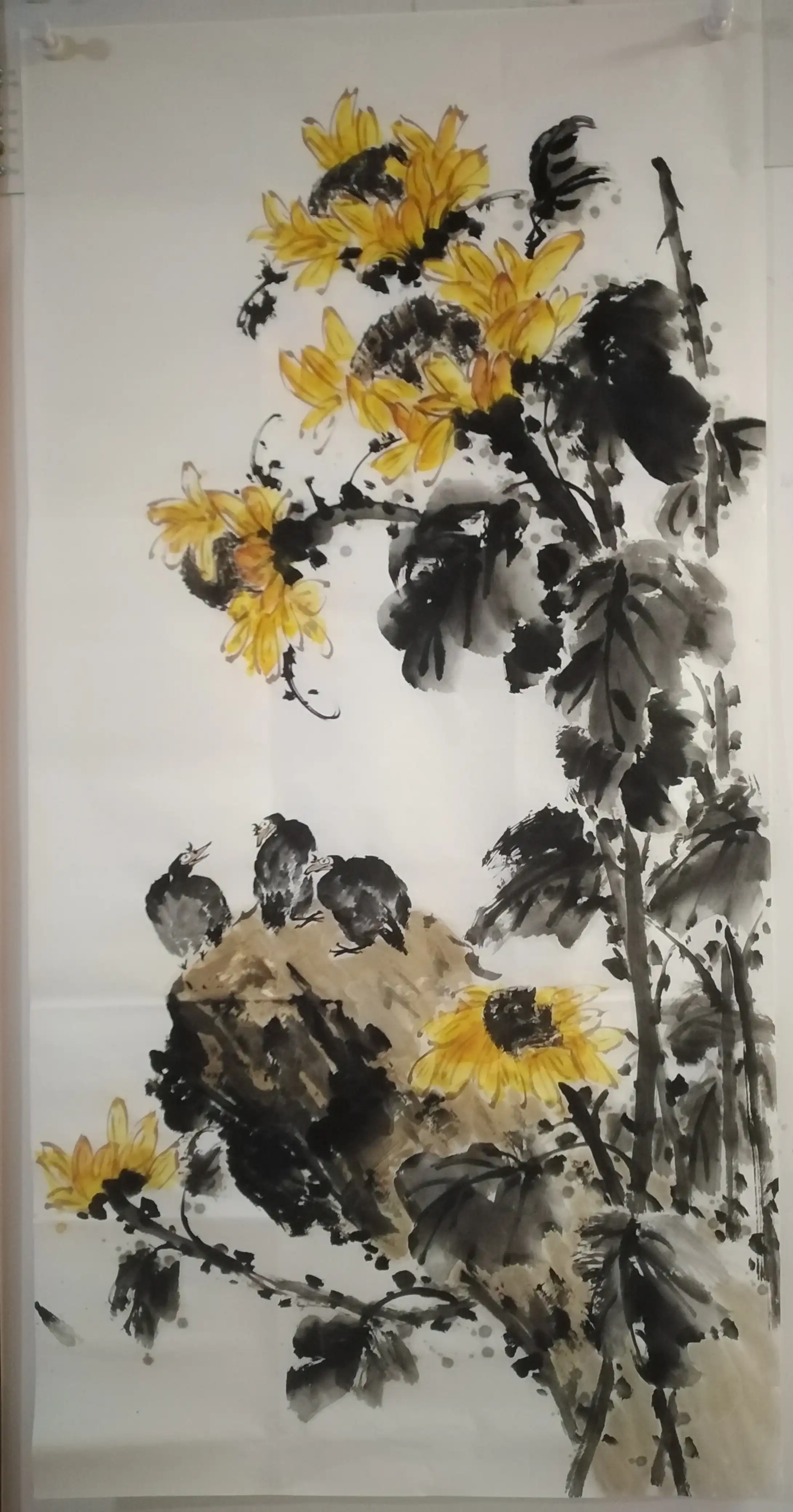 国画写意花鸟纯手绘水墨画宣向日葵画芯办公室居家装饰画四尺整张-淘宝