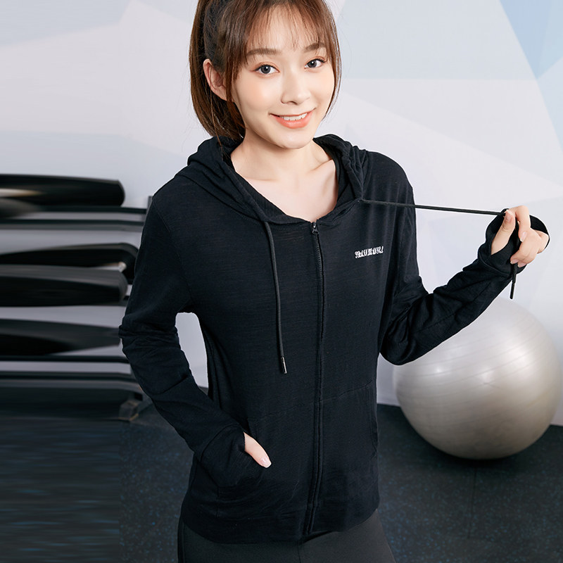 Women's Fall Cotton Zip Hooded Yoga Fitness Top Print Loose for slimming Running Training Dress Long Sleeves