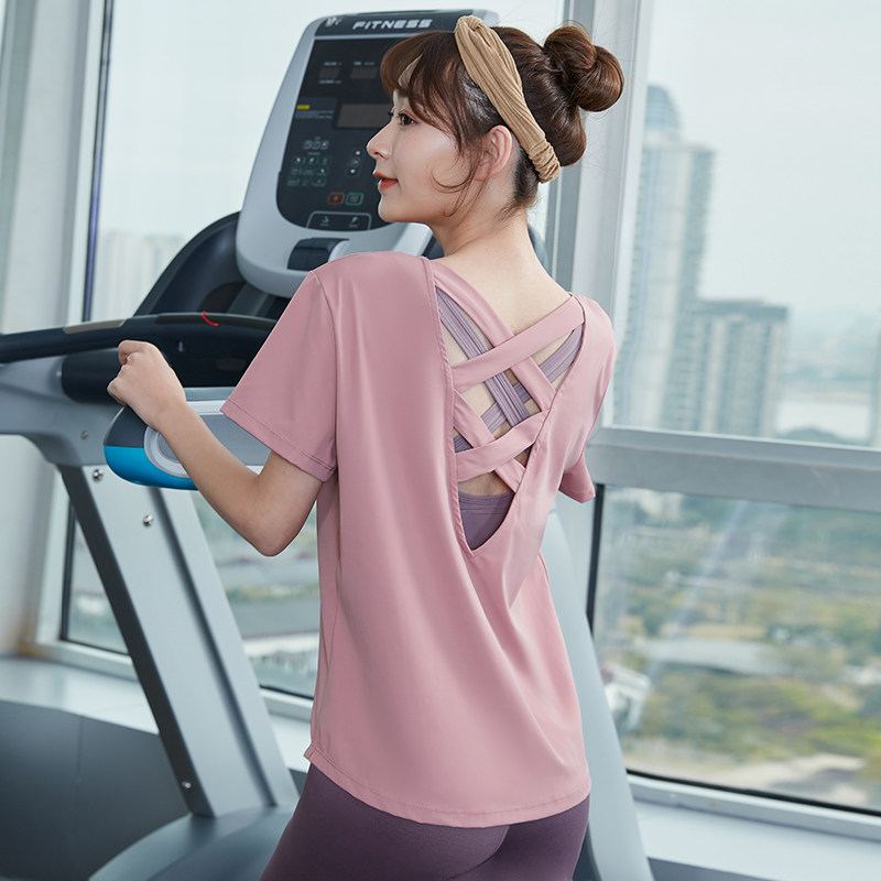 Yoga Blouse Girl Spring Summer Thin Section Running Training Open Back Sports Short Sleeve T-shirt Round Collar Loose Hood Fitness Suit