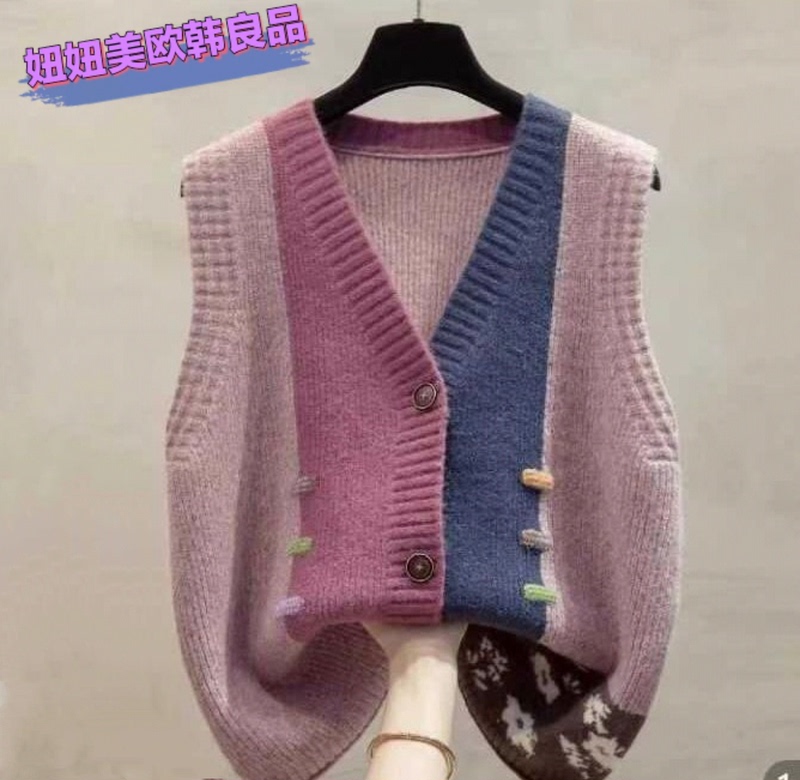 Color-Blocked V-Neck Knitted Cardigan Vest for Women 2024 Spring and Autumn New Loose Outerwear Sweater Vest Trendy
