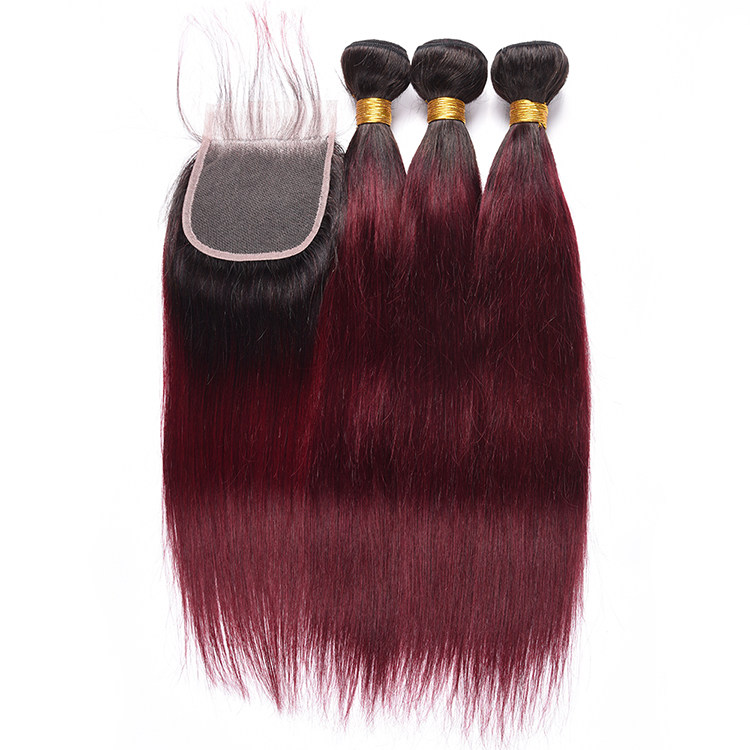 1B 1B 99J Straight Ombre Human Hair Bundles with Lace enclosure-T
