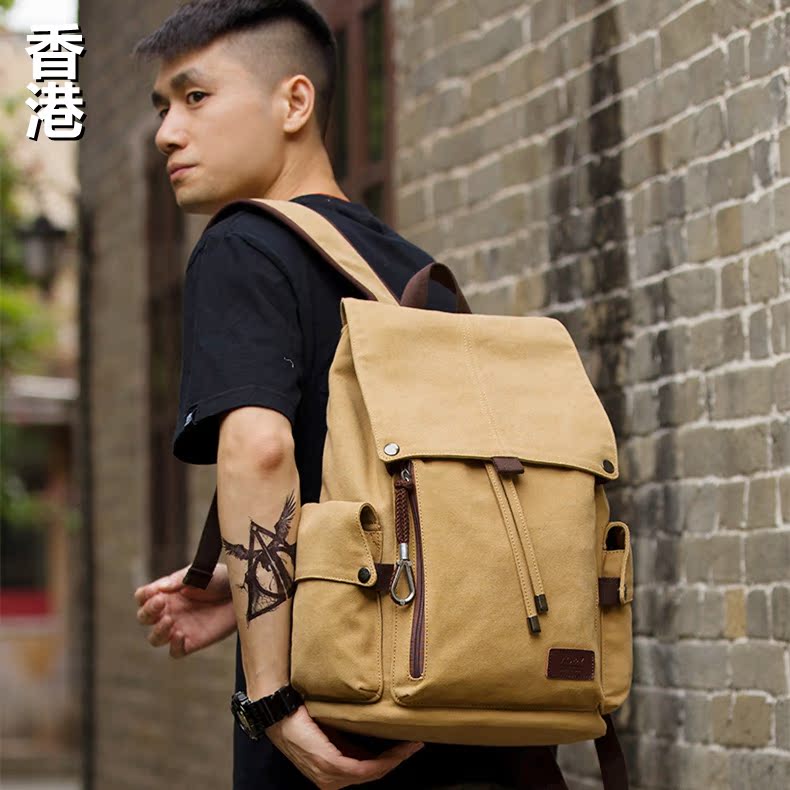 Hong Kong travel canvas backpack Men's double shoulder bag Fashion trend computer bag clamshell college student bag Casual men's bag