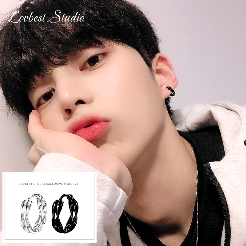 S925 sterling silver earrings shiny wavy earrings single geometric earrings men's and women's earrings trendy net red trendy earrings - Taobao