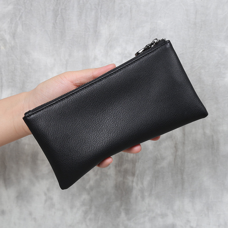 Men's leather long wallet handmade top layer cowhide clutch bag zipper mobile phone bag simple ultra-thin handbag women's soft