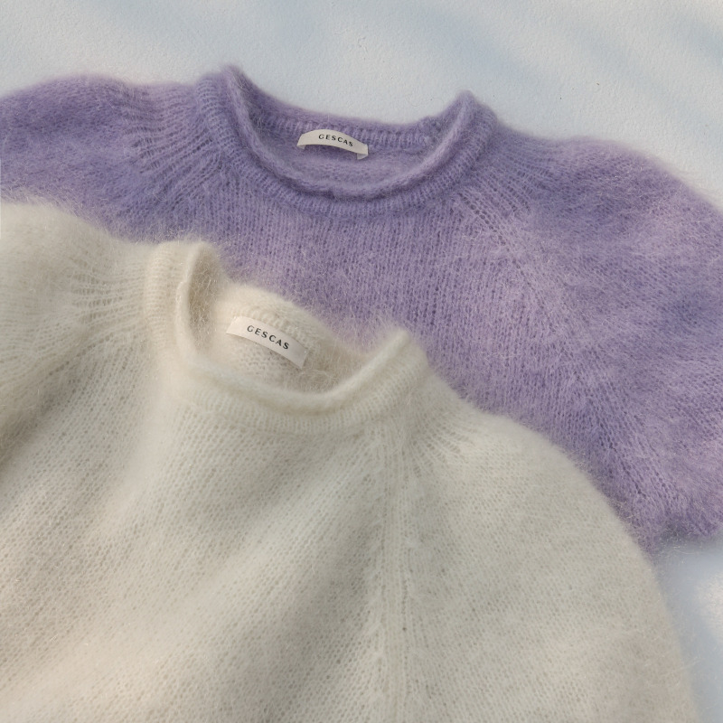Gescas Luxury Brand Mohair Top, Loose-Fitting Women's Knit White Short-Sleeve Sweater, Autumn Style Gescas Luxury Brand Mohair Top, Loose-Fitting Women's Knit White Short-Sleeve Sweater, Autumn Style