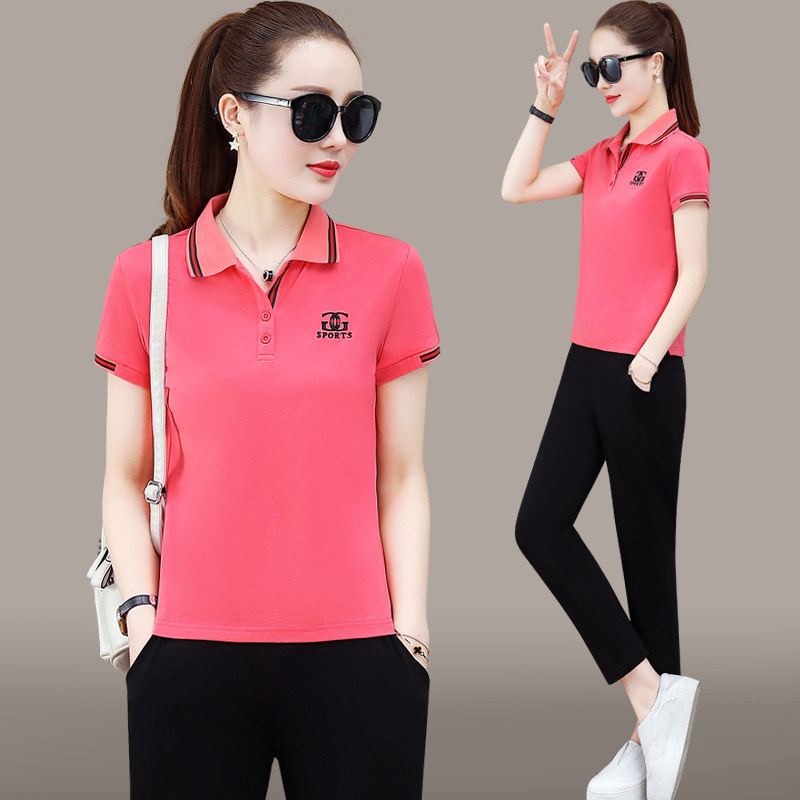 Casual Suit Women's Summer 2022 New Foreign Pie Turnover T Short Sleeve POLO Shirt Pure Cotton T-shirt Two Tracksuit Sportswear