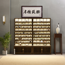 New Chinese-style solid wood purple sand pot display stand teapot teacup with light glass storage rack old elm Bogu rack