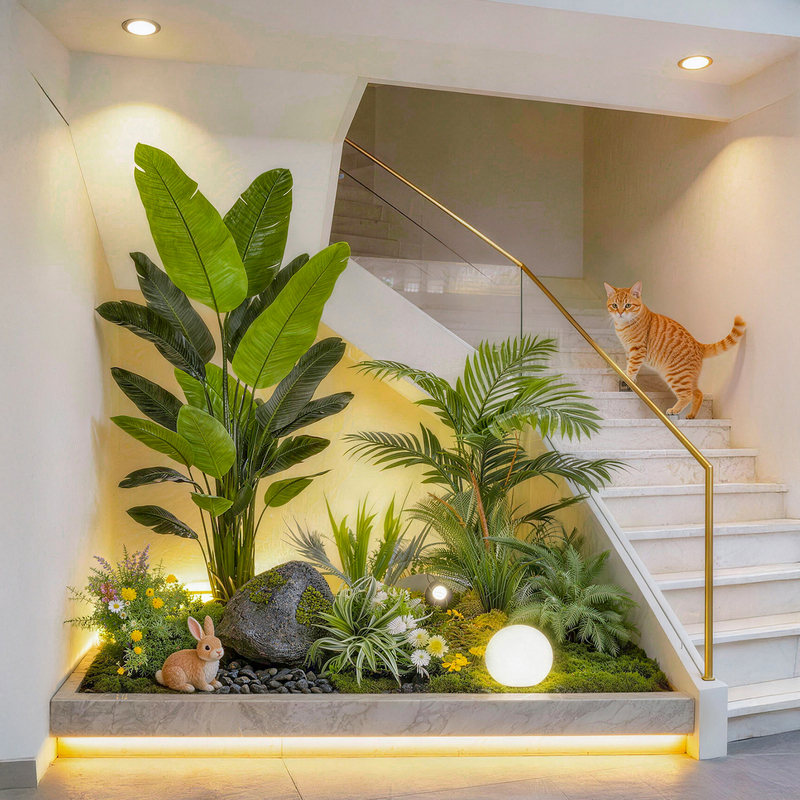 Simulated Canna Lily Green Plant Landscaping Indoor Large Fake Tree under Stairs, Bird of Paradise Floor-Standing Landscape Decoration Set