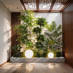 Song-Style Aesthetic Indoor Large-Scale Green Plant Landscape Decoration with Simulated Plants for Skylight Area in the Entrance Hall