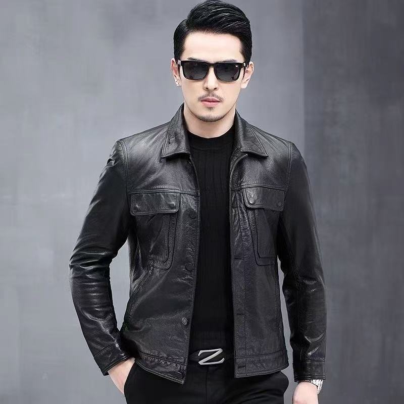 New Style Genuine Leather Lapel Buckle Trendy Short Biker Leather Jacket Autumn Coat Genuine Leather Jacket for Men Trendy