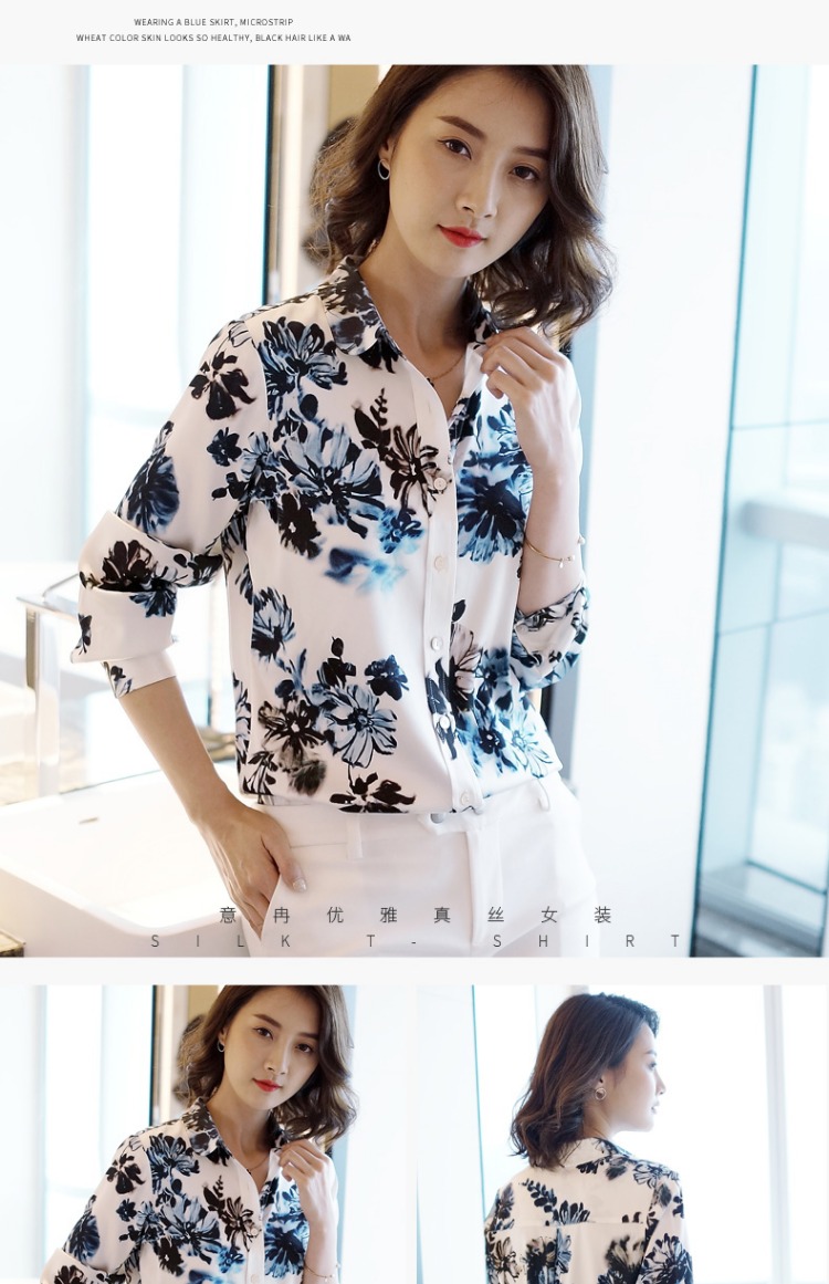 Áo xuân hè Ý mới của phụ nữ áo sơ mi lụa nữ dài tay in áo lụa rộng kích thước lớn áo voan