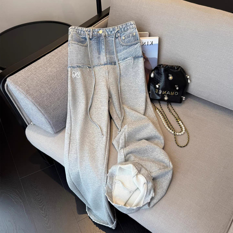 Casual Style Denim Patchwork Elastic High-Waisted Wide-Leg Pants for Women, New Spring and Autumn Loose Fit Bf Personality Fashion Casual Sweatpants