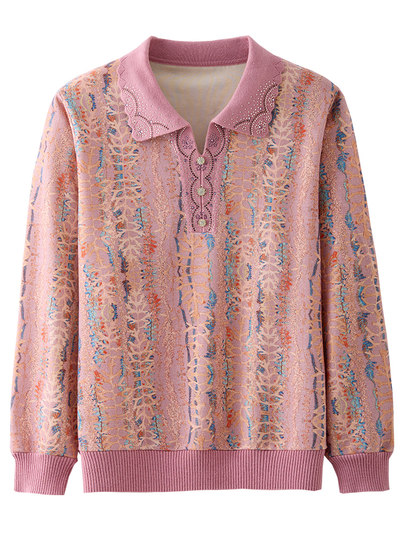 Mother's Autumn Polo Shirt with Floral Pattern, Long-Sleeved T-Shirt for Middle-Aged and Elderly Women, Grandma's Collared Base Shirt